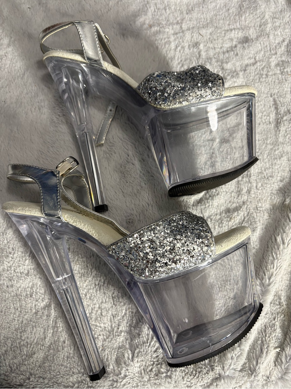 Pleaser Silver Glitter Clear Platform Stiletto Sandals